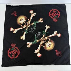 Vtg Skull & Crossbones Bandana Black Rose Red Fang Alchemy Battle Dress 20.5"